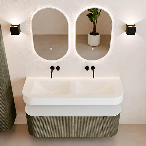 MONDIAZ THOR 130cm meuble de salle de bains arrondi gauche + droite couleur Shadow avec 1 tiroir et 2 portes. Vasque suspendue CLOUD Double sans trou de robinet couleur Talc. SW1463737