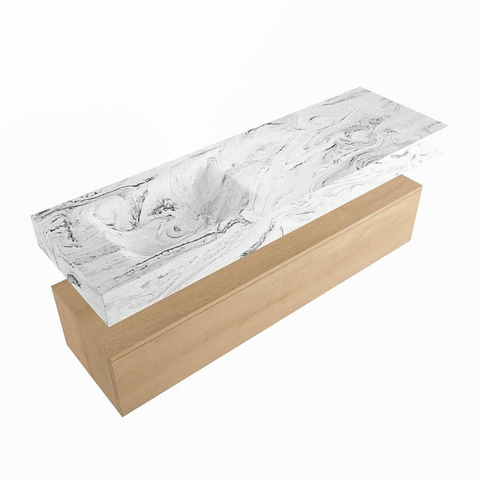 Mondiaz ALAN-DLUX Ensemble de meuble - 150cm - meuble Washed Oak mat - 1 tiroir - Lavabo Cloud Glace suspendu - vasque Gauche - 1 trou de robinet SW808914