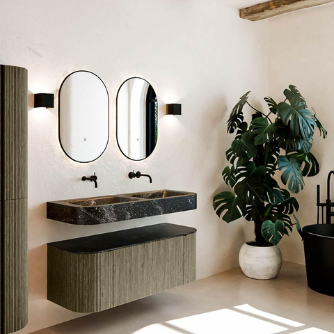 MONDIAZ THOR-DLUX 120cm meuble de salle de bains arrondi gauche + droite couleur Shadow avec 1 tiroir et 2 portes. Vasque suspendue CLOUD Double sans trou de robinet couleur Lava. SW1463153