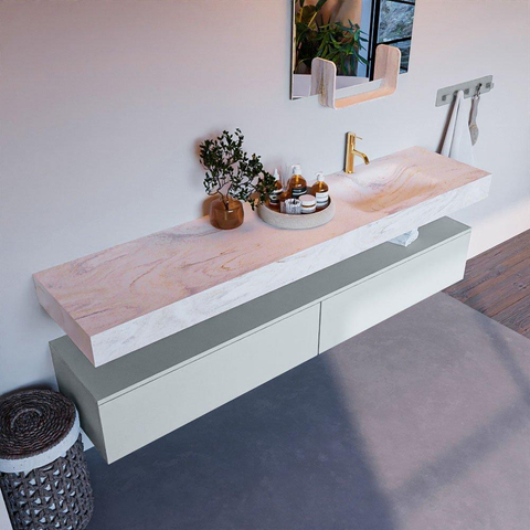 Mondiaz ALAN-DLUX Ensemble de meuble - 200cm - meuble - Clay mat - 2 tiroirs - Lavabo Cloud Ostra suspendu - vasque droite - 1 trou de robinet - Beige SW807786