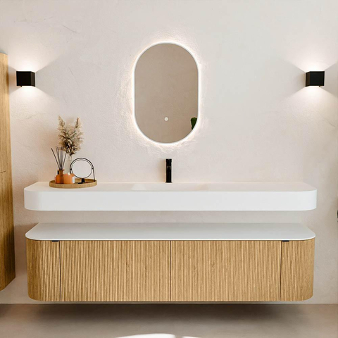 MONDIAZ THOR Meuble de salle de bains - 190cm - arrondi gauche + droite - couleur Oak - 2 tiroirs et 2 portes - Vasque suspendue CLOUD Milieu 1 trou de robinet - couleur Talc SW1466360
