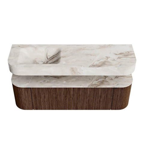 MONDIAZ THOR-DLUX 150cm meuble de salle de bains arrondi gauche + droite couleur Walnut avec 1 tiroir et 2 portes. Vasque suspendue CLOUD Gauche 1 trou de robinet couleur Frappe. SW1464630