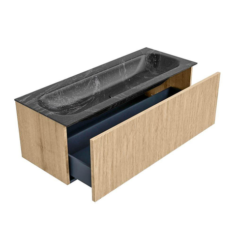 MONDIAZ KURVE-DLUX 120cm badmeubel kleur Oak met 1 lade. Wastafel BIG LARGE midden 2 kraangaten kleur Lava. SW1137184