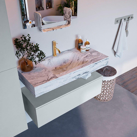 Mondiaz ALAN-DLUX Ensemble de meuble - 100cm - meuble Clay mat - 1 tiroir - Lavabo Cloud Glace suspendu - vasque Centre - 1 trou de robinet SW806204