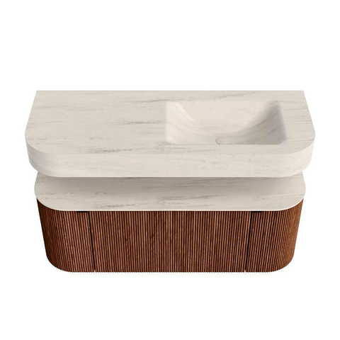 MONDIAZ THOR-DLUX 120cm meuble de salle de bains arrondi gauche + droite couleur Ruby avec 1 tiroir et 2 portes. Vasque suspendue CLOUD Droite sans trou de robinet couleur Meli. SW1463329