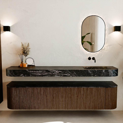 MONDIAZ THOR-DLUX 200cm badmeubel ronding links + rechts kleur Walnut met 2 lades en 2 deuren. Vrijhangende wastafel CLOUD Rechts zonder kraangat kleur Lava. SW1467003