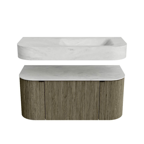 MONDIAZ THOR-DLUX 100cm meuble de salle de bains arrondi gauche + droite couleur Shadow avec 1 tiroir et 2 portes. Vasque suspendue CLOUD Droite 1 trou de robinet couleur Opalo. SW1467525