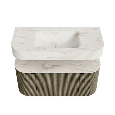 MONDIAZ THOR-DLUX Meuble de salle de bains - 100cm - arrondi gauche + droite - couleur Shadow - 1 tiroir - 2 portes - Vasque suspendue CLOUD Milieu sans trou de robinet - couleur Ostra SW1467524