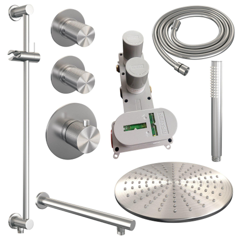 Brauer Douche pluie encastrée Carving brossé - douche principale 30cm - 3 boutons Carving - bras mural droit - glissière - douchette à main 1 fonction - PVD - inox brossé SW716093