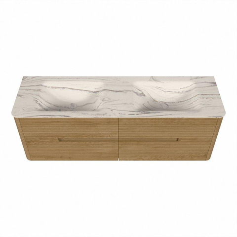 Mondiaz CIRO-DLUX Badkamermeubelset - 150x45x50cm - Solid surface wastafel Nata - 2 wasbak Dubbel - 2 kraangaten - 4 lades - Oak SW1531107