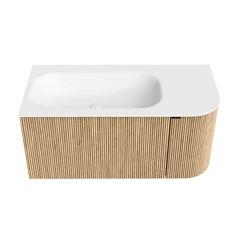 MONDIAZ KURVE Meuble de salle de bains 95 cm avec module 25 R couleur Chêne avec 1 tiroir et 1 porte. Lavabo BIG SMALL gauche 1 trou de robinet Talc. SW1138138