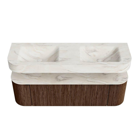 MONDIAZ THOR-DLUX 150cm meuble de salle de bains arrondi gauche + droite couleur Walnut avec 1 tiroir et 2 portes. Vasque suspendue CLOUD Double sans trou de robinet couleur Ostra. SW1464482
