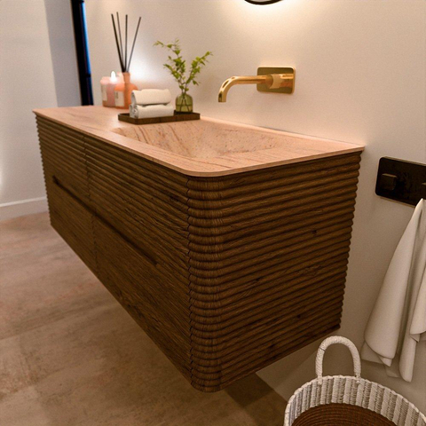 Mondiaz CIRO-DLUX Meuble de salle de bains - 130x45x50cm - Plan vasque solid surface Saba - 1 bassin à droite - sans trous de robinetterie - 4 tiroirs - Dusk SW1533340