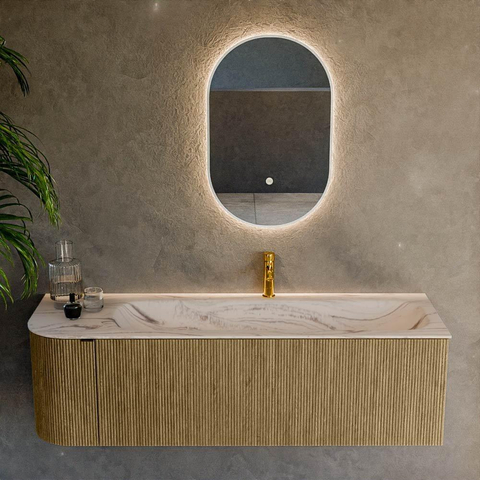 MONDIAZ KURVE-DLUX 145cm badmeubel ronding Links kleur Dusk met 1 lade en 1 deur. Wastafel BIG LARGE Rechts 1 kraangat Nata. SW1432402