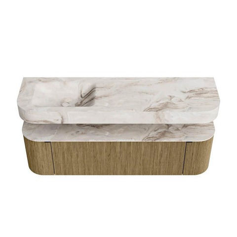 MONDIAZ THOR-DLUX Meuble de salle de bains 160cm arrondi gauche + droite couleur Dusk avec 1 tiroir et 2 portes. Vasque suspendue CLOUD Gauche 1 trou de robinet couleur Frappe. SW1465031