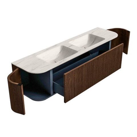 MONDIAZ KURVE-DLUX Meuble de salle de bains 170cm arrondi Gauche + Droite couleur Walnut avec 1 tiroir et 2 portes. Lavabo LEAF Double 2 trous de robinet Meli. SW1431736