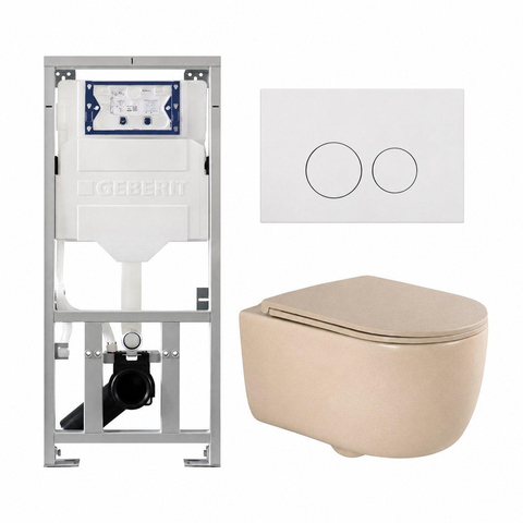 QeramiQ Dely Swirl Toiletset - 36.3x51.7cm - Geberit UP320 inbouwreservoir - met Burda frame - slim zitting - glans witte bedieningsplaat - ronde knoppen - mat beige SW1130210