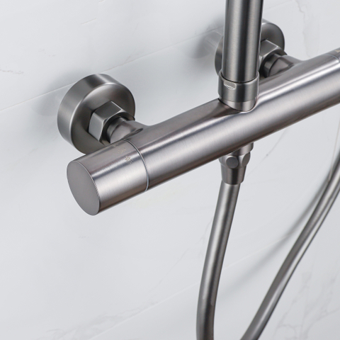 Fortifura Calvi Regendoucheset - thermostatisch - 25cm - hoofddouche - gladde slang - staaf handdouche - PVD - geborsteld gunmetal (antraciet) SW1204405