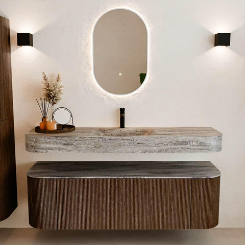 MONDIAZ THOR-DLUX 150cm meuble de salle de bains arrondi gauche + droite couleur Walnut avec 1 tiroir et 2 portes. Vasque suspendue CLOUD Milieu 1 trou de robinet couleur Oza. SW1464863