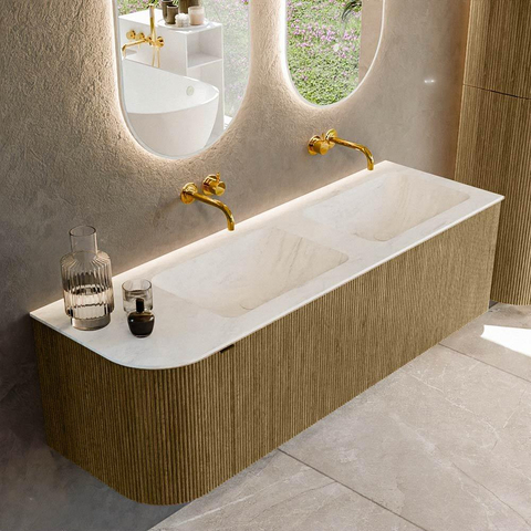 Mondiaz KURVE-DLUX Ensemble de meuble de salle de bains - 145x46x40cm - 1 tiroir - 1 porte - lavabo solid surface - double / droit - sans trou de robinet - Dusk SW1414946