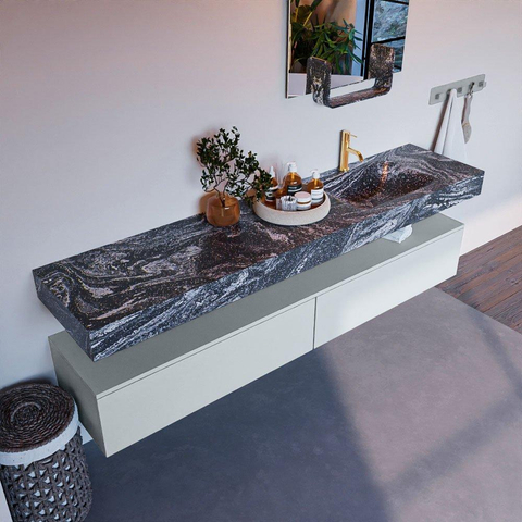 Mondiaz ALAN-DLUX Ensemble de meuble - 200cm - meuble Clay mat - 2 tiroirs - Lavabo Cloud Lava suspendu - vasque Droite - 1 trou de robinet SW808587