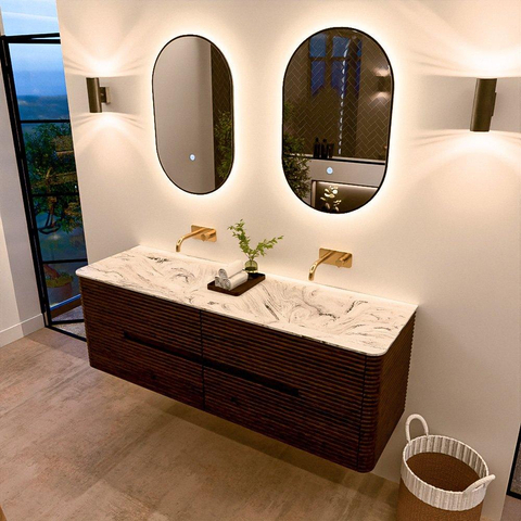 Mondiaz CIRO-DLUX Badkamermeubelset - 150x45x50cm - Solid surface wastafel Glace - 2 wasbak Dubbel - zonder kraangaten - 4 lades - Walnut SW1530246