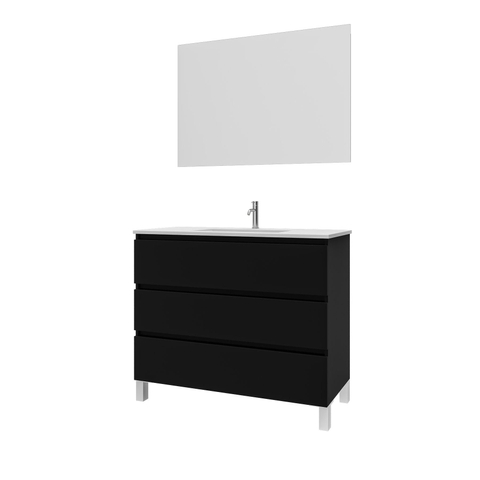 Saniclass Chaci PLUS Meuble de salle de bain - 100x86x46cm - lavabo en céramique blanc - 1 vasque - 1 trou de robinet - 3 tiroirs - miroir rectangulaire - noir mat SW926297