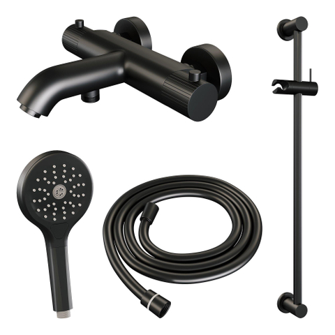 BRAUER Stripe Mitigeur thermostatique douche de bain - SET 02 - apparent - barre coulissante - douchette 3 positions - flexible de douche - noir mat SW1435110