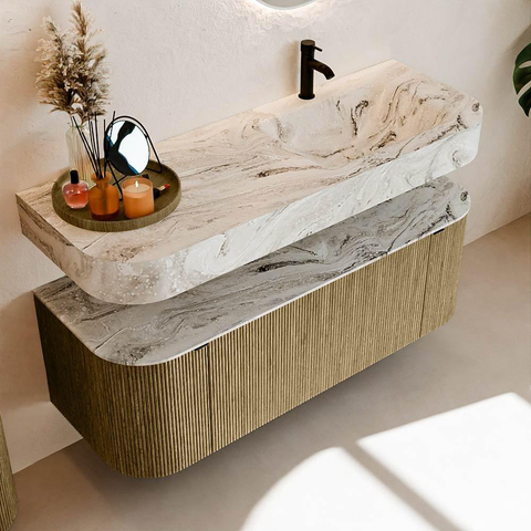 MONDIAZ THOR-DLUX 130cm meuble de salle de bains arrondi gauche + droite couleur Dusk avec 1 tiroir et 2 portes. Vasque suspendue CLOUD Droite 1 trou de robinet couleur Glace. SW1463681