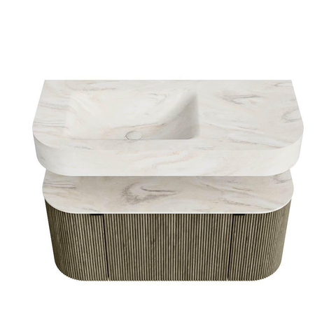 MONDIAZ THOR-DLUX 100cm meuble de salle de bains arrondi gauche + droite couleur Shadow avec 1 tiroir et 2 portes. Vasque suspendue CLOUD gauche 1 trou de robinet couleur Ostra. SW1467529