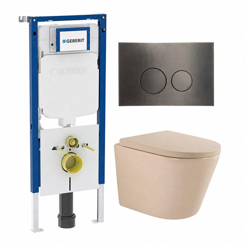 QeramiQ Dely Toiletset - 36.3x51.7cm - diepspoel - rimless - Geberit UP720 inbouwreservoir - softclose toilet zitting - 35mm - gunmetal bedieningsplaat - ronde knoppen - mat beige SW1427086