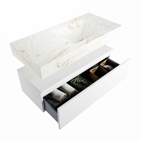 Mondiaz ALAN-DLUX Ensemble de meuble - 100cm - meuble Talc mat - 1 tiroir - Lavabo Cloud Frappe suspendu - vasque Droite - 0 trous de robinet SW805051