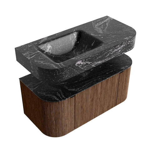 MONDIAZ THOR-DLUX 100cm meuble de salle de bains arrondi gauche + droite couleur Walnut avec 1 tiroir et 2 portes. Vasque suspendue CLOUD Gauche sans trou de robinet couleur Lava. SW1467371