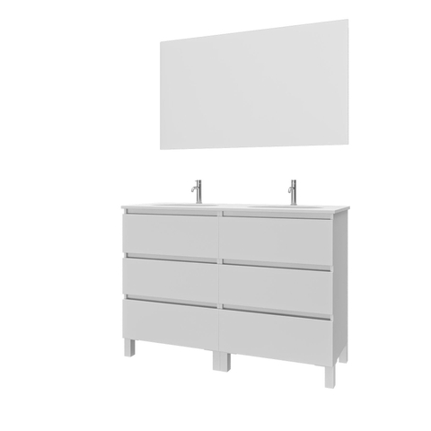 Saniclass Chaci PLUS Meuble de salle de bain - 120x86x46cm - lavabo en céramique blanc - 2 vasques - 2 trous de robinet - 6 tiroirs - miroir rectangulaire - blanc mat SW926311