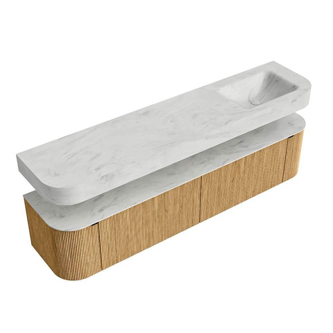 MONDIAZ THOR-DLUX 200cm badmeubel ronding links + rechts kleur Oak met 2 lades en 2 deuren. Vrijhangende wastafel CLOUD Rechts zonder kraangat kleur Opalo. SW1466960