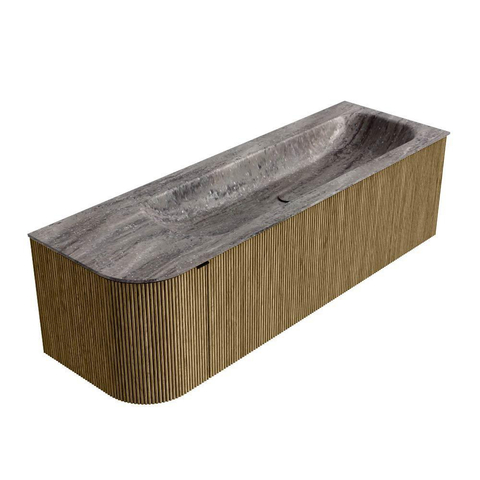 MONDIAZ KURVE-DLUX Meuble de salle de bains 145cm arrondi à gauche couleur Dusk avec 1 tiroir et 1 porte. Lavabo BIG LARGE à droite 2 trous de robinet Oza. SW1433004