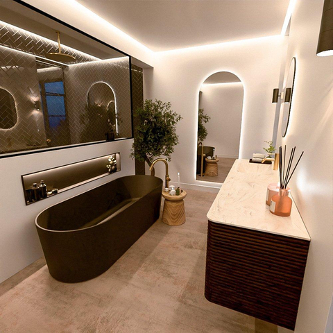 Mondiaz CIRO-DLUX Badkamermeubelset - 180x45x50cm - Solid surface wastafel Ostra - 1 wasbak Links - 1 kraangat - 4 lades - Walnut SW1530392