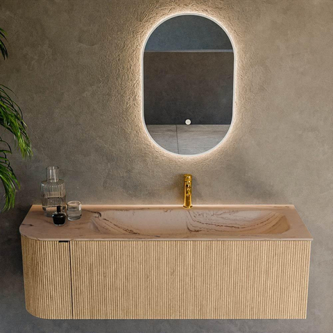 MONDIAZ KURVE-DLUX Meuble de salle de bains 135cm arrondi à gauche couleur Chêne avec 1 tiroir et 1 porte. Lavabo BIG MEDIUM à droite 1 trou de robinet Arena. SW1431129