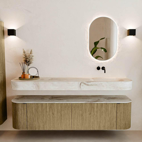 MONDIAZ THOR-DLUX Meuble de salle de bains - 180cm - arrondi gauche + droite - couleur Dusk - 2 tiroirs et 2 portes - Vasque suspendue CLOUD Droite sans trou de robinet - couleur Frappe SW1465982