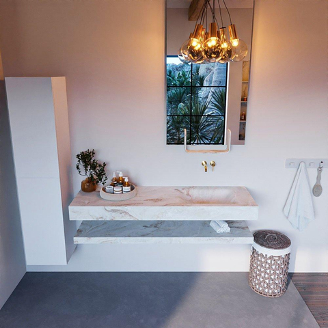 Mondiaz ALAN-DLUX Ensemble de meuble - 150cm - meuble Frappe mat - 0 tiroirs - Lavabo Cloud Frappe suspendu - vasque Droite - 0 trous de robinet SW809183