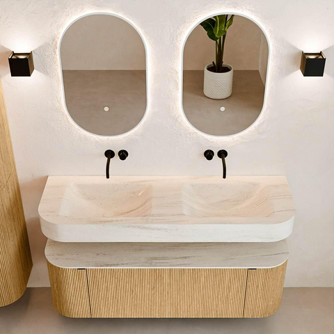 MONDIAZ THOR-DLUX 140cm badmeubel ronding links + rechts kleur Oak met 1 lade en 2 deuren. Vrijhangende wastafel CLOUD Dubbel zonder kraangat kleur Meli. SW1464393