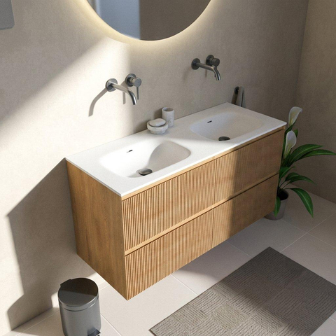 Saniclass Holz Atelier Badkamermeubelset - 120x45x61.5cm - Flow solid surface wastafel wit - 2 wasbakken - zonder kraangaten - 4 lades - mat eiken natural (hout) SW1478411