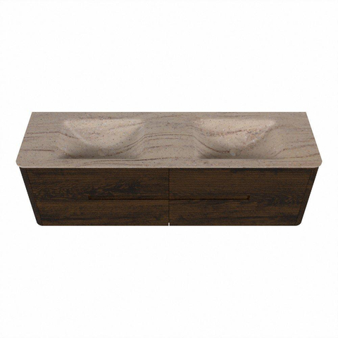 Mondiaz CIRO-DLUX Badkamermeubelset - 160x45x50cm - Solid surface wastafel Saba - 2 wasbak Dubbel - 2 kraangaten - 4 lades - Walnut SW1530701