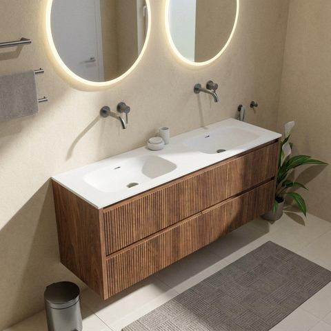 Saniclass Holz Atelier Badkamermeubelset - 160x45x61.5cm - Flow solid surface wastafel wit - 2 wasbakken - zonder kraangaten - 4 lades - mat walnut pure (hout) SW1478445