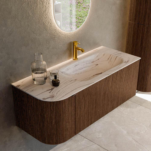 MONDIAZ KURVE-DLUX Meuble de salle de bains 115 cm arrondi à gauche couleur Walnut avec 1 tiroir et 1 porte. Lavabo BIG SMALL à droite 1 trou de robinet Nata. SW1432195
