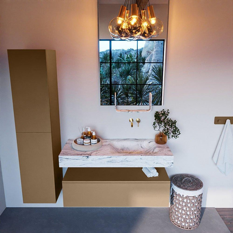 Mondiaz ALAN-DLUX Ensemble de meuble - 110cm - meuble Oro mat - 1 tiroir - Lavabo Cloud Glace suspendu - vasque Droite - 0 trous de robinet SW805989