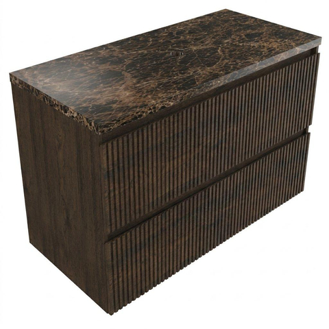 Saniclass Holz Atelier Ensemble de meubles de salle de bains - 100x45x63cm - Plan en pierre naturelle Noche dark emperador - sans trou de robinetterie - 2 tiroirs - chêne charcoal mat (bois) SW1478274