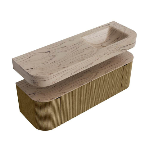 MONDIAZ THOR-DLUX 140cm meuble de salle de bains arrondi gauche + droite couleur Dusk avec 1 tiroir et 2 portes. Vasque suspendue CLOUD Droite 1 trou de robinet couleur Arena. SW1464365