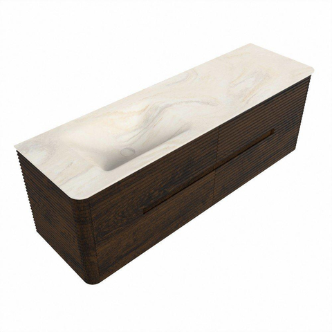 Mondiaz CIRO-DLUX Meuble de salle de bains - 150x45x50cm - lavabo en solid surface Ostra - 1 vasque à gauche - sans trous de robinetterie - 4 tiroirs - Noyer SW1530369