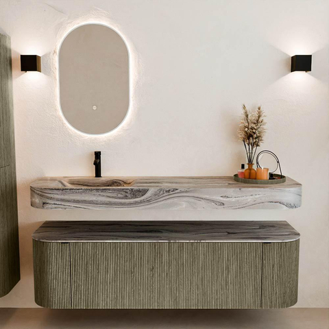 MONDIAZ THOR-DLUX 160cm meuble de salle de bains arrondi gauche + droite couleur Shadow avec 1 tiroir et 2 portes. Vasque suspendue CLOUD Gauche 1 trou de robinet couleur Sombra. SW1467685